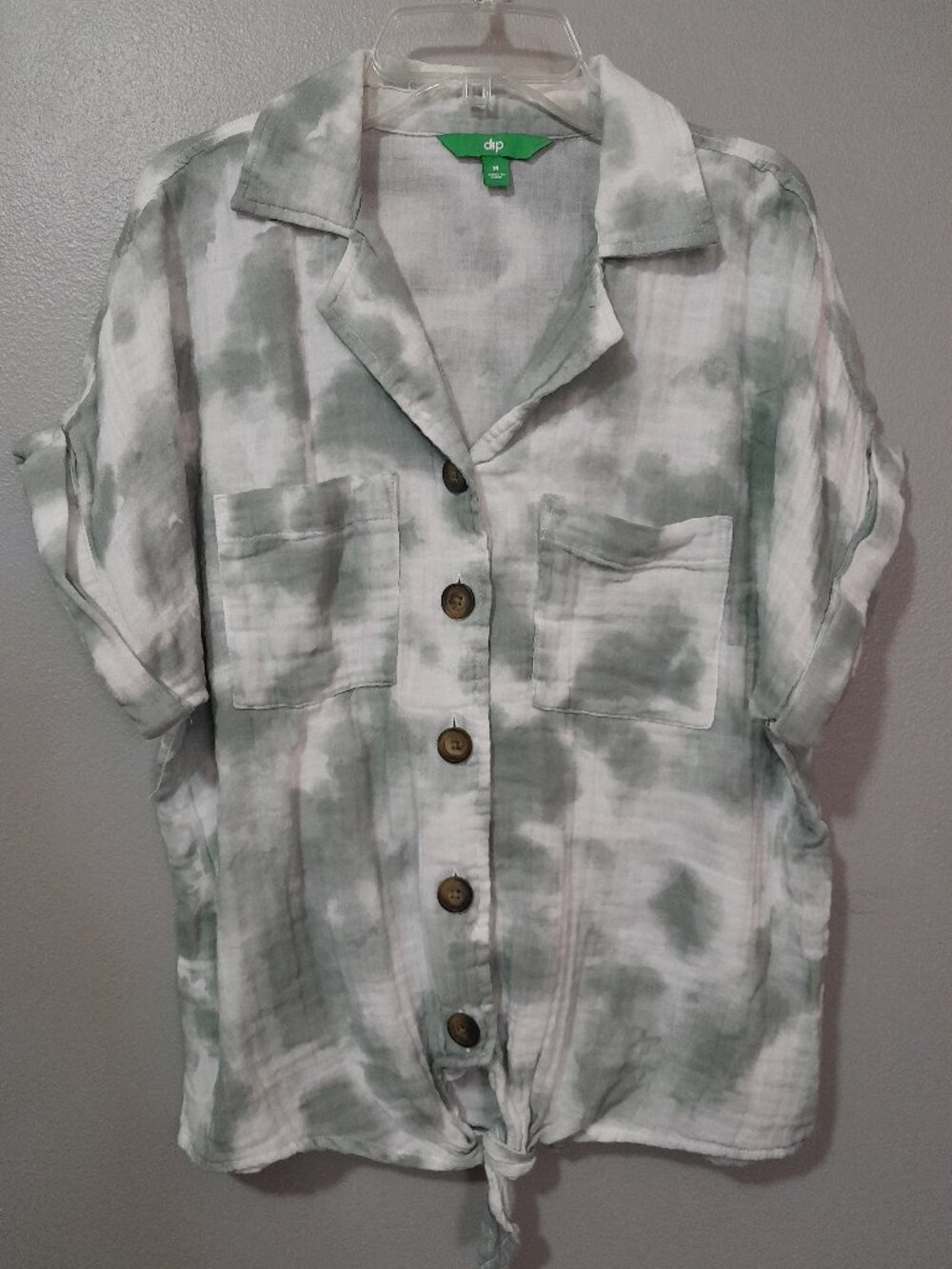 Dip Tie Dye Cotton Short Sleeve Button Down Tie Front Blouse Green White Medium
